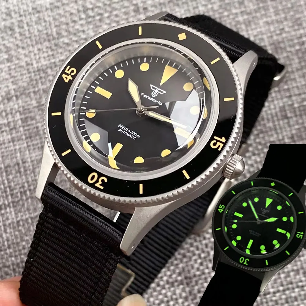 

C3 зеленый светящийся безель 50-Fathoms 40 мм Tandorio ретро двойной купол сапфировое стекло 200 м водонепроницаемые NH35 автоматические мужские часы для дайвинга
