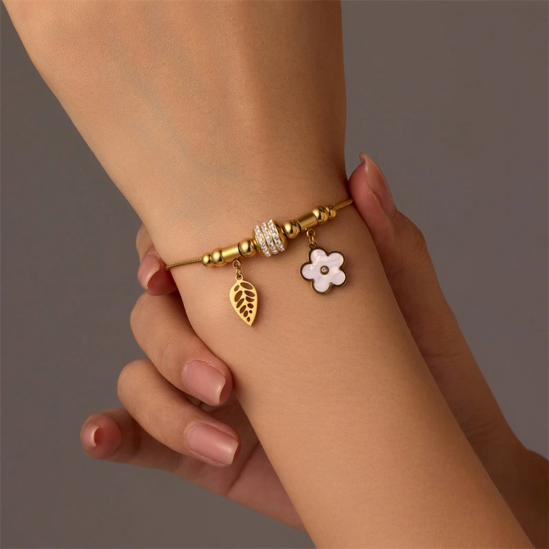 316L Stainless Steel New Fashion Fine Waterproof Jewelry Zircon Beads Leaf Seashell Flower Charm Snake Chain Bracelets For Women