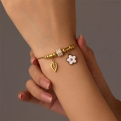 316L Stainless Steel New Fashion Fine Waterproof Jewelry Zircon Beads Leaf Seashell Flower Charm Snake Chain Bracelets For Women