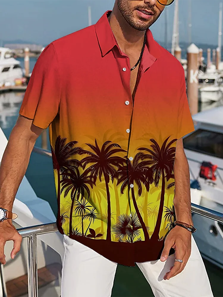 Camisa masculina de manga curta, estilo havaiano, camisa casual de verão, todos os dias, moda masculina, praia, festa, camisa masculina, estampa de árvore de coco