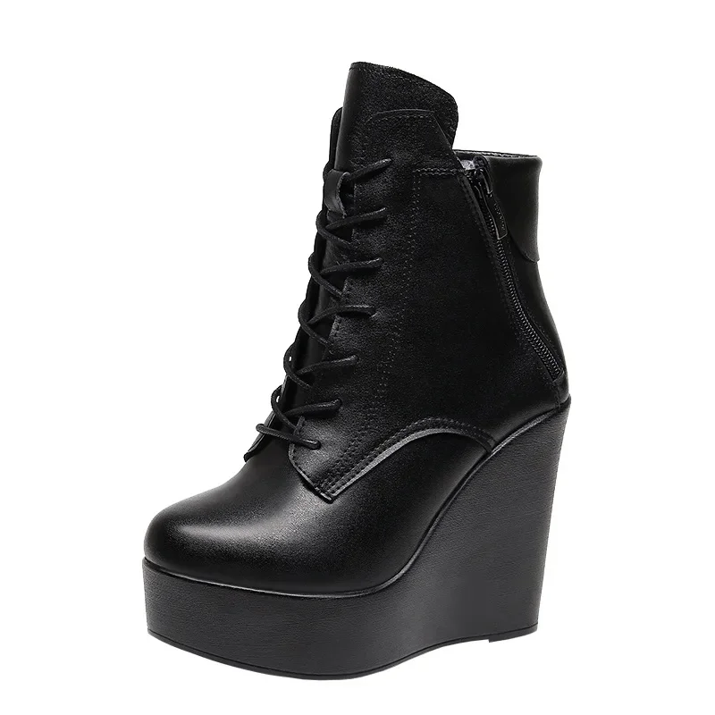 10cm 12cm Small Size 33-43 Fashion Platform Wedges Shoes Women Boots Leather 2024 High Heels Motorcycle Ankle Boots Office Mom