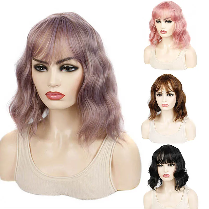 

Jeedou Synthetic Bob Wig with Bangs Short Water Wave Hair Cosplay Daily Use Black Brown Color Wig for Young Girls