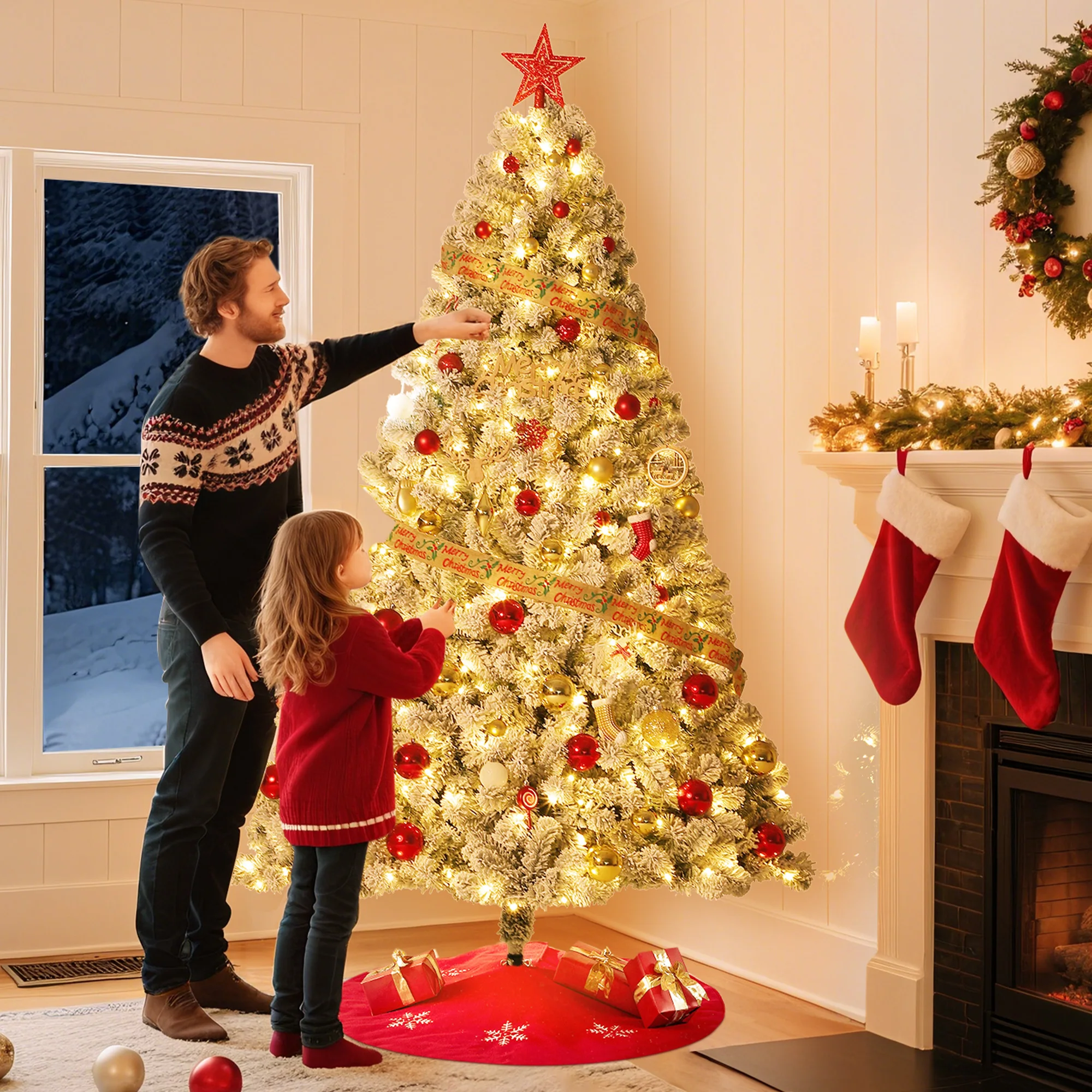 9ft Christmas Tree Artificial Pine Tree with Metal Stand Reusable Christmas Tree Quick Setup Folding System Decorated for Christmas