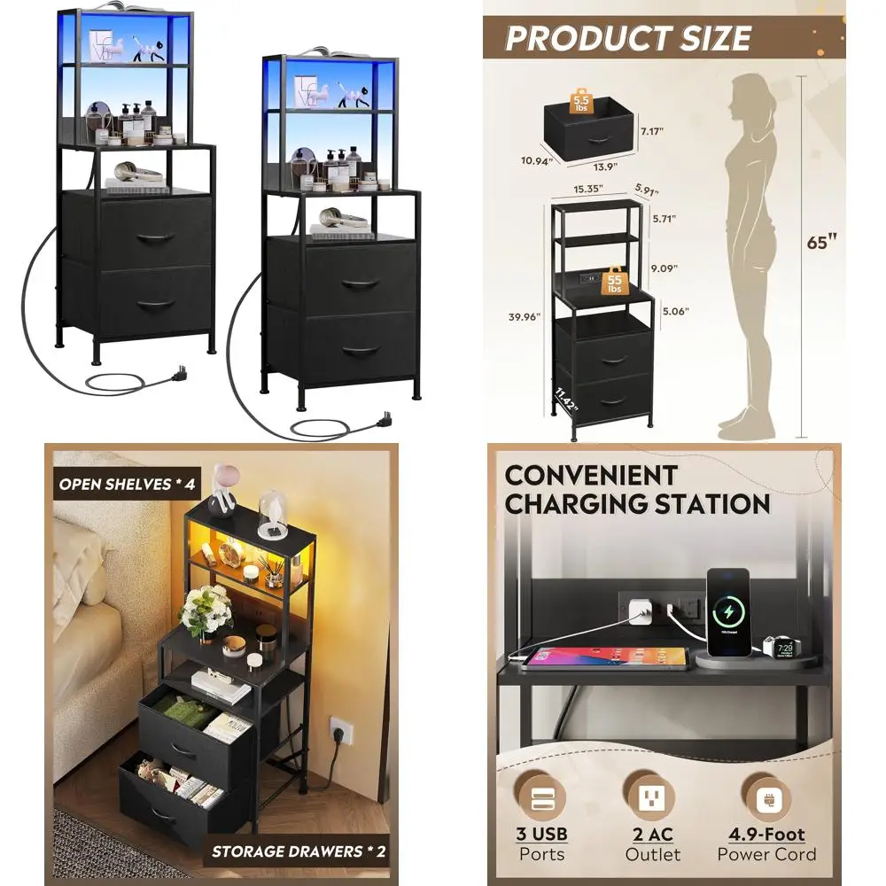 

Набор из 2 светодиодных тумбочек с зарядной станцией, ящиками и полками для хранения — современные тканевые комоды для спальни