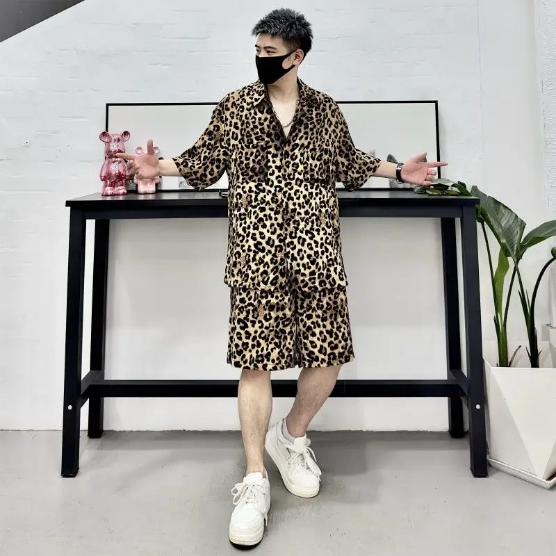 Men's casual suit summer new trend leopard print short-sleeved shirt fashionable matching