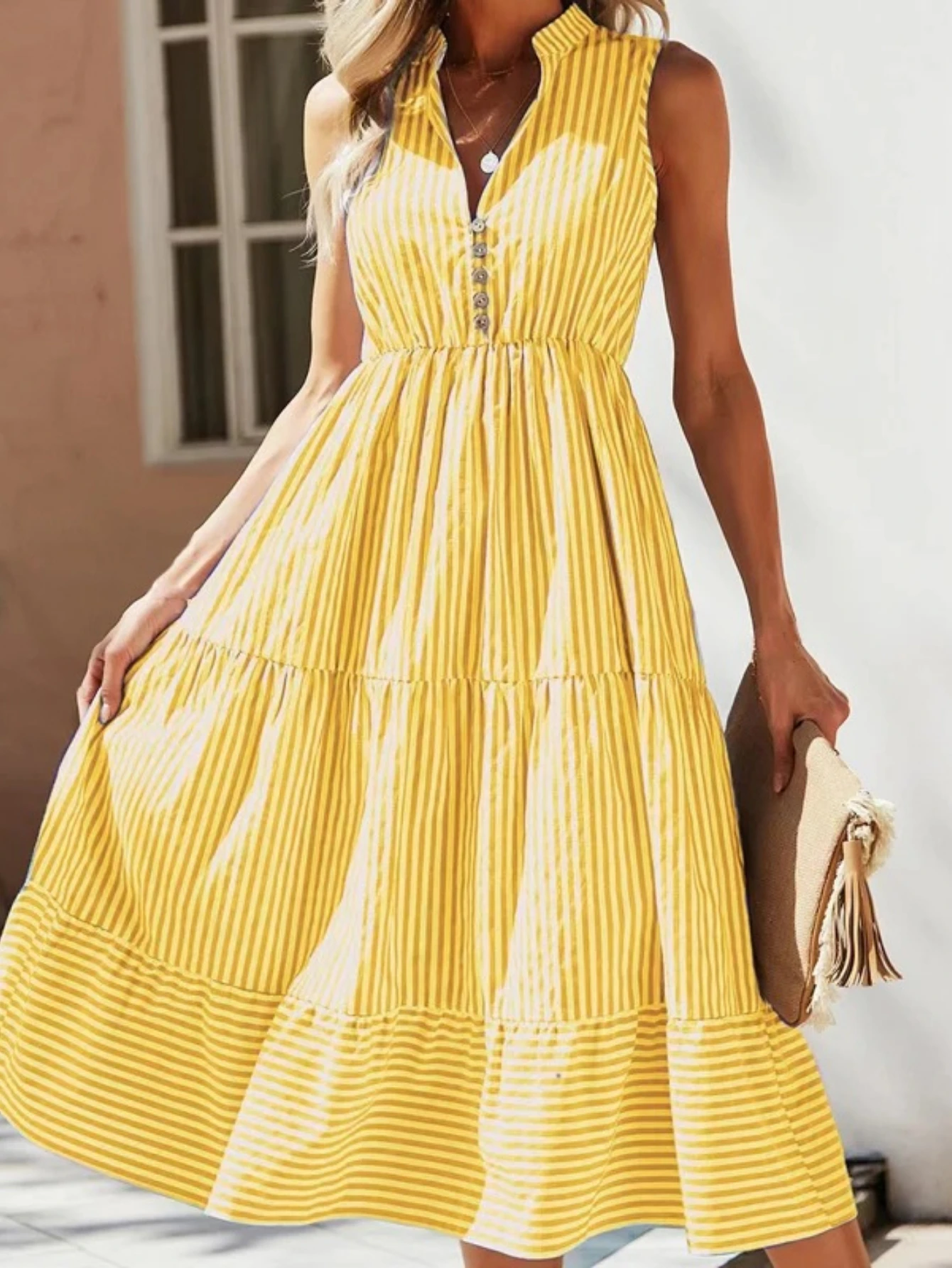 فستان نسائي مخطط بدون أكمام كاجوال فضفاض وكشكشة صلبة فستان قميص صيفي بوهو