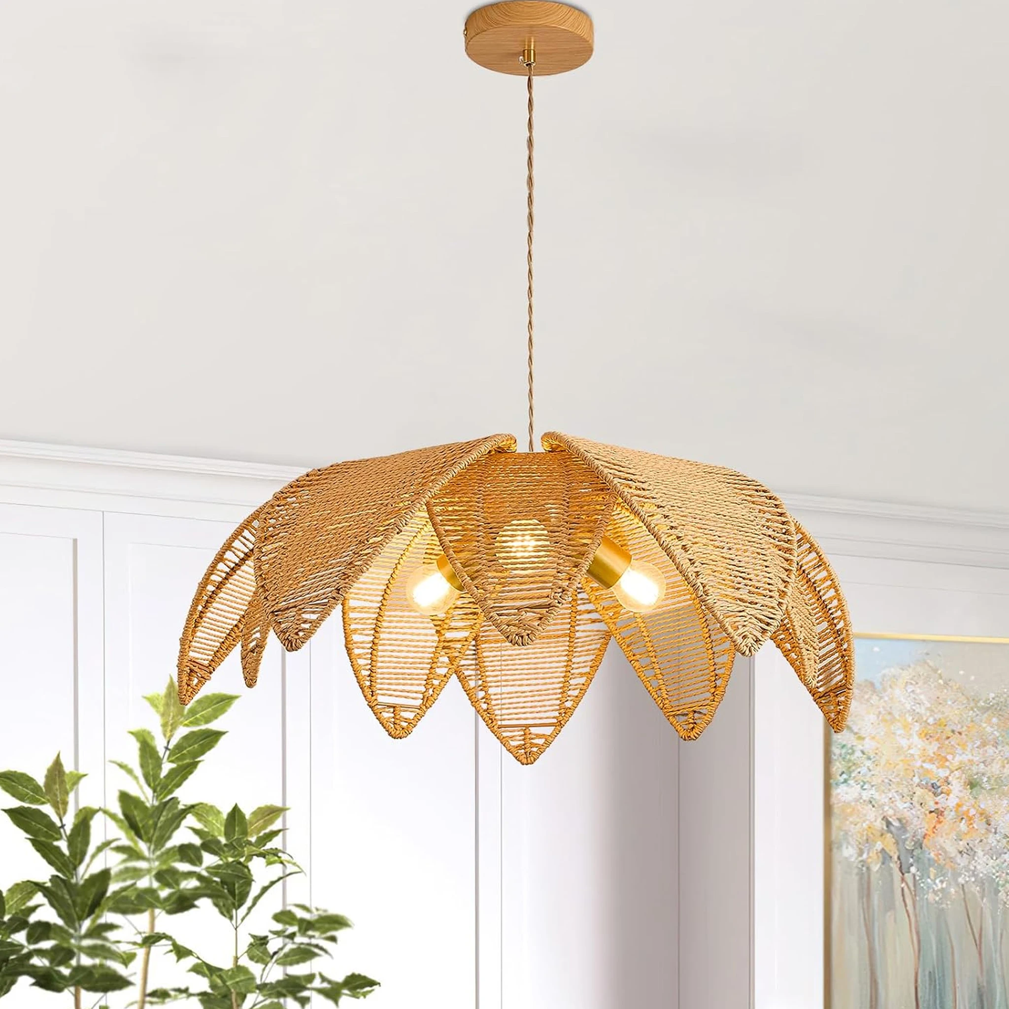 Retro Rattan Pendant Light Hand Woven Chandelier Adjustable Hanging Ceiling Lamp Dining Room Kitchen Island Bedroom Pendant Lamp