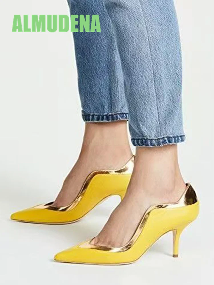 

Yellow Trimmed Single Shoe Fashionable and Simple Gold Trimmed Design Temperament Women's Pointed Thin High-Heeled Shoes