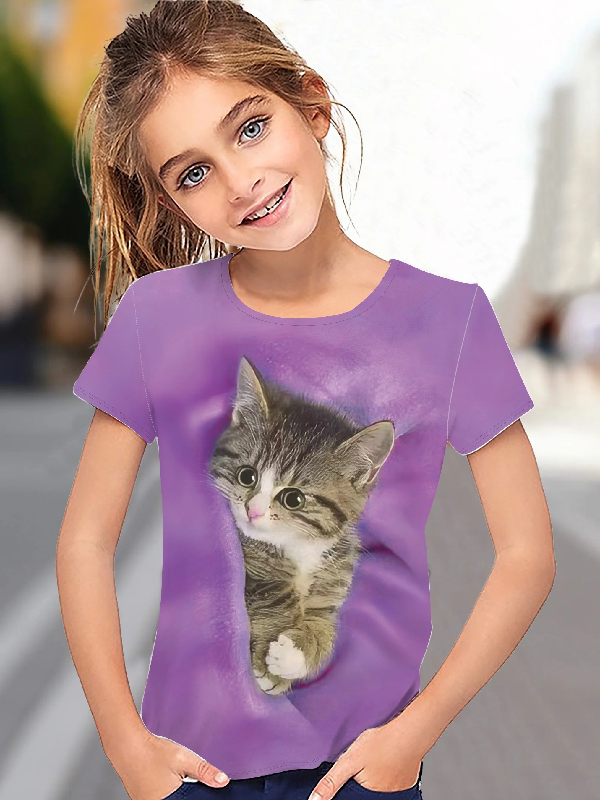 Adorable Kitten Graphic Print Kids T-Shirt Crew Neck Short Sleeve Tops Casual T-Shirt for Children Girl Summer Outdoor Sports