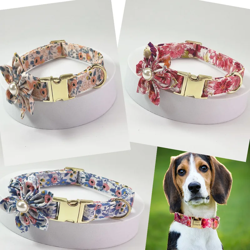 Custom Engraved Floral Pet Collar With Matching Leash Metal ID Neck Strap  Cats Medium Large Dogs Anti-lost Walking Supplies