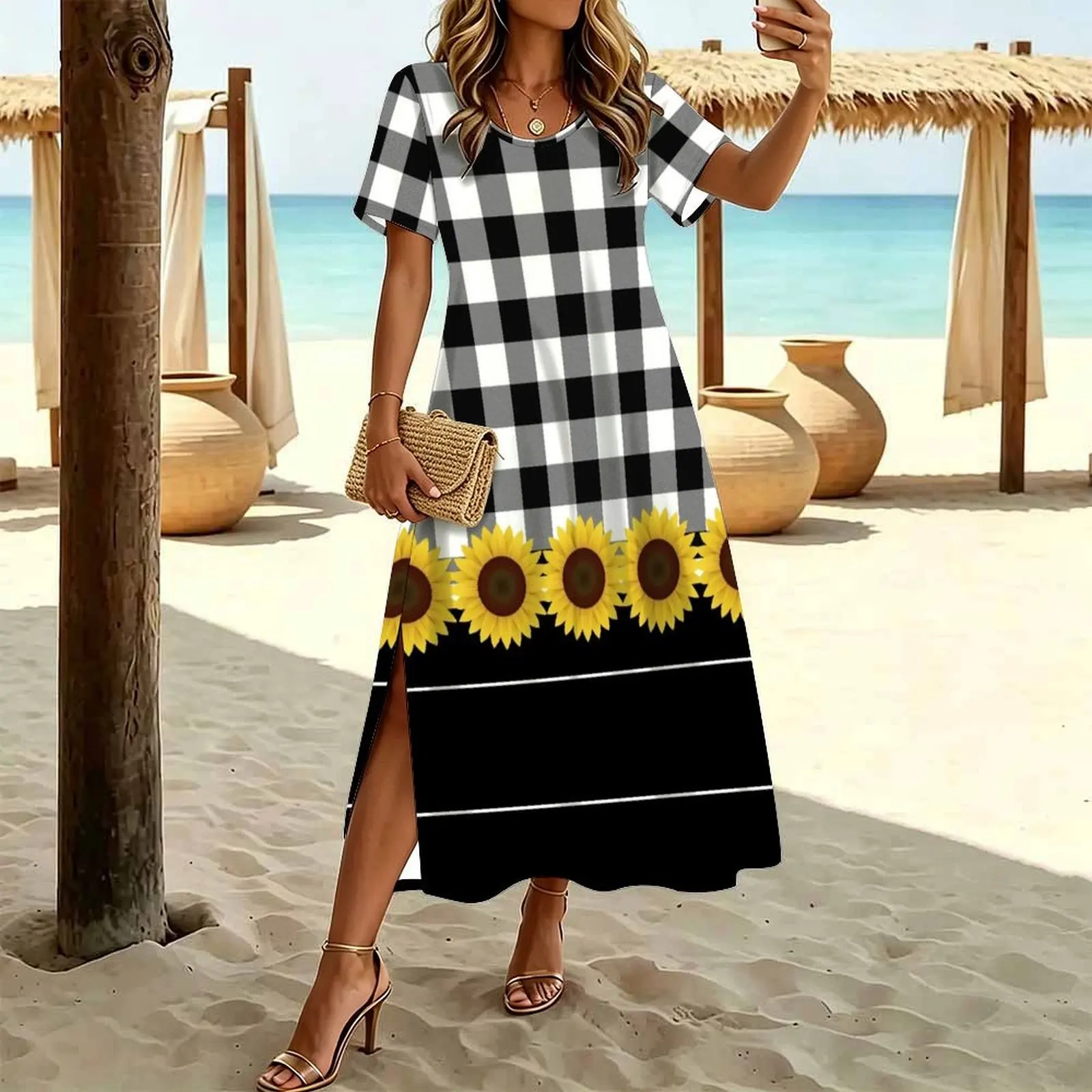 Rustic Black White Buffalo Plaid & Sunflowers Women's Round Neck Short Sleeve Split Long Dress
