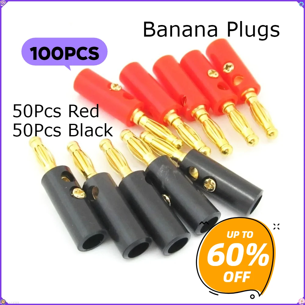 

100pcs Screw Banana Plugs Audio Speaker Cable Wire Lead Pin Banana Connectors Gold Plated Adapter 4mm Black Red Special offer