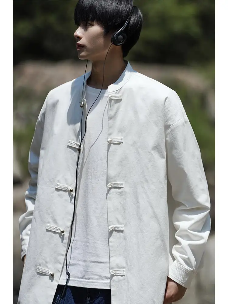 

Мужская рубашка свободного кроя с длинным рукавом в винтажном китайском стиле, базовый слой, молодежная трендовая свободная верхняя одежда для мальчиков
