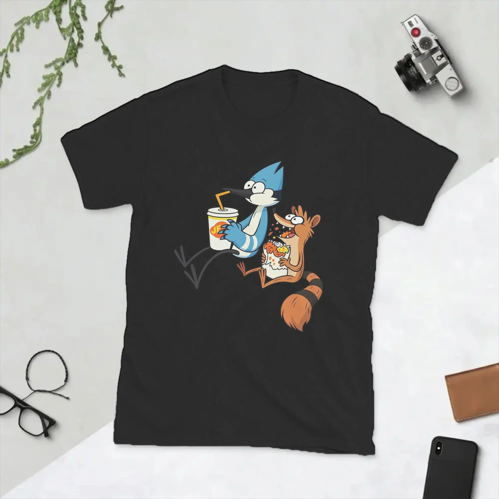 Cartoon Regulars Show Mordecai and Rigby Eating Men's T Shirt  Hipster Tees Short Sleeve Crew Neck T-Shirt 100% Cotton