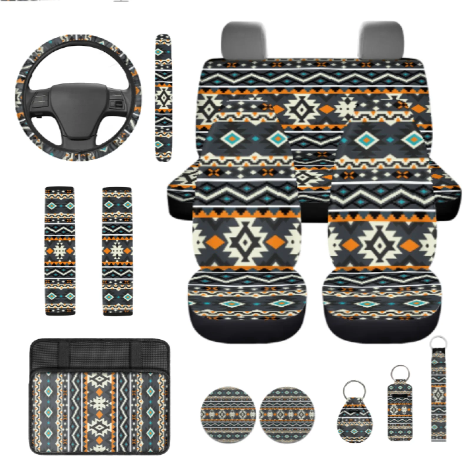 Coloranimal Southwestern 13 PCS Car Seat Cover Set with Breathable Car Steering Wheel Cover and Car Armrest Protective Cover