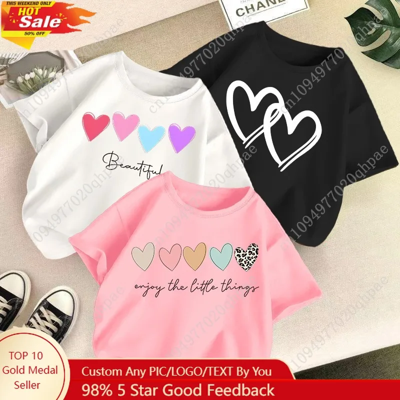 

Girls' T-shirt 2025 New Summer Round Neck Girls' Top with Heart Printed Pure Cotton Short Sleeved Children's Clothing Trend