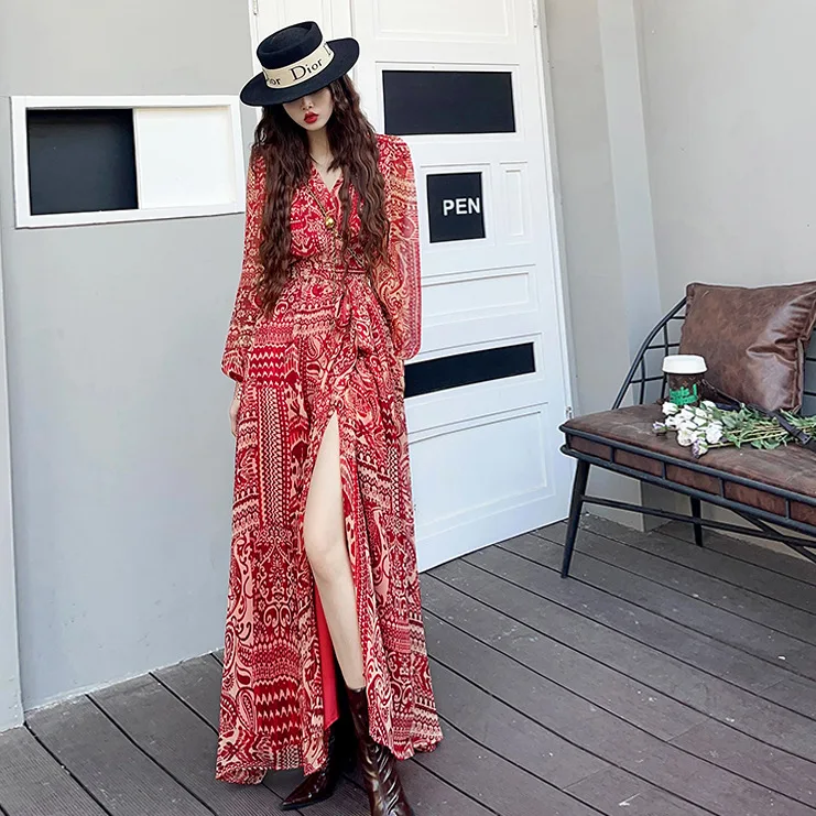 

2026 floral long-sleeved Korean version of the new autumn split-ended robe with waist and sexy V-neck sexy dress