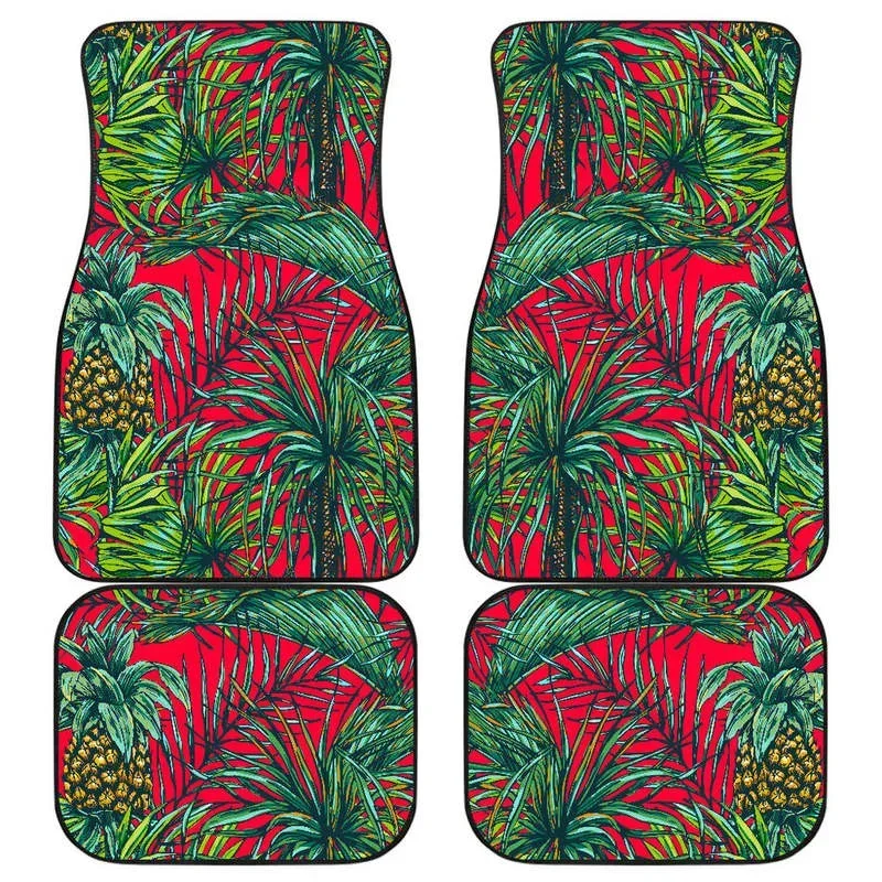 Pineapple Leaves Hawaii Pattern Print Front and Back Car Floor Mats Heavy Carpet Front and Rear Full Set 4PCs Pack