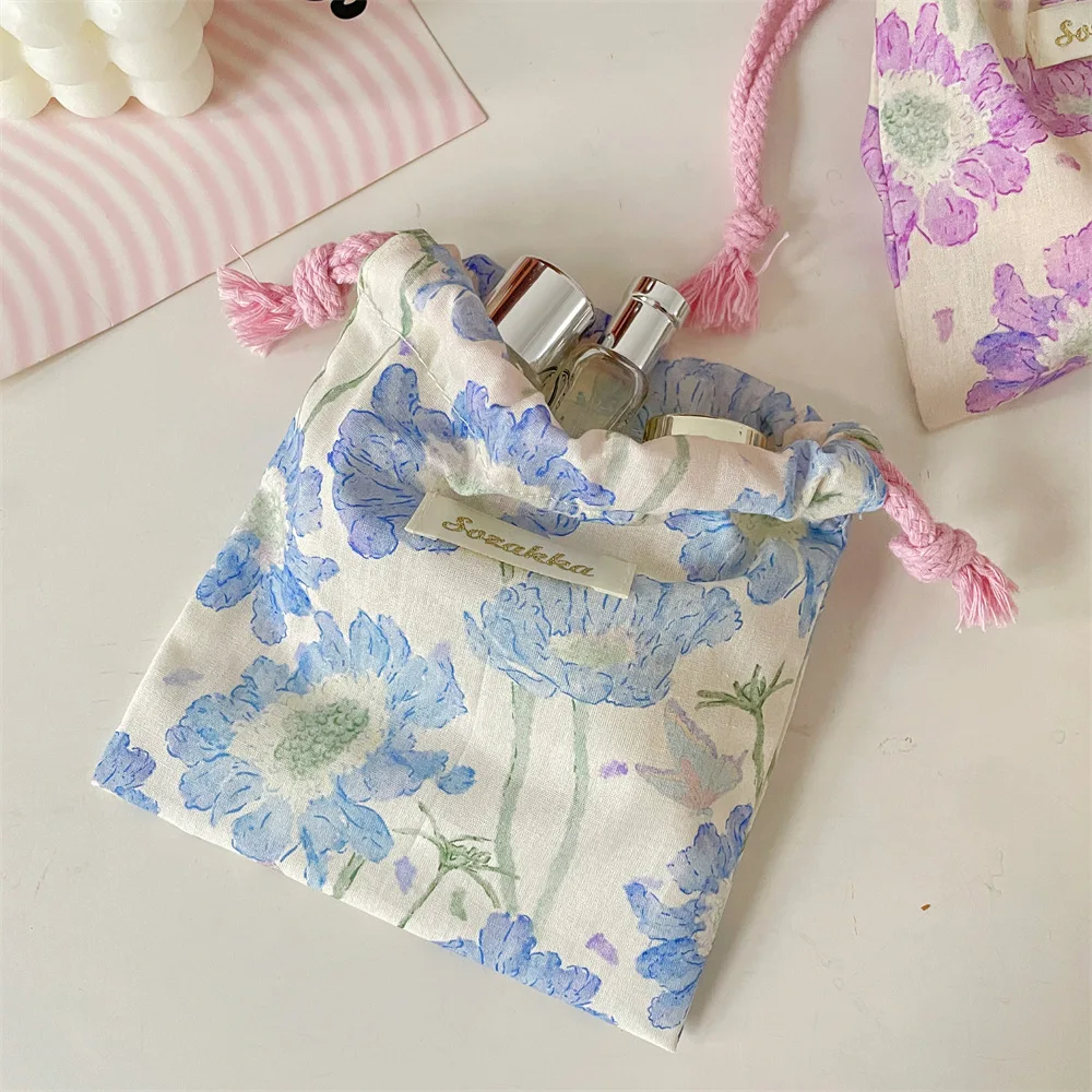 Cute Floral Small Thing Cosmetic Lipstick Portable Storage Bag Purse Key Earphone Jewelry Tote String Rope Pouch Drawstring Bags