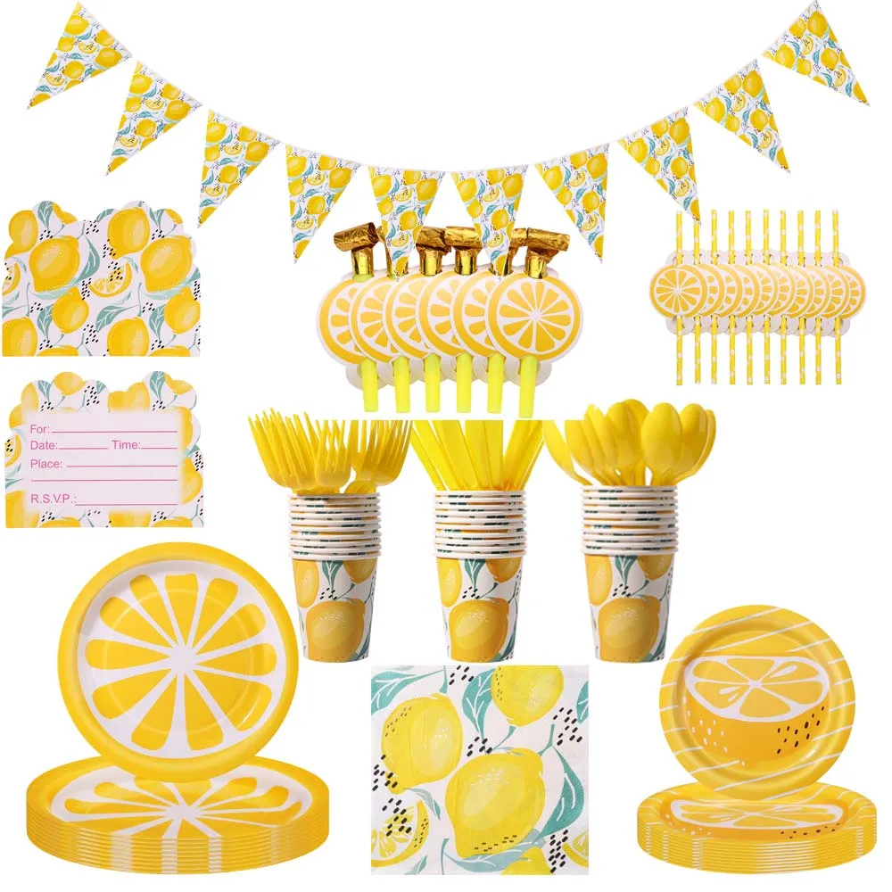 

2024 Yellow Lemon Theme Lovely Party Disposable Tableware 7/9 Inch Paper Plates Cups Birthday Baby Shower Decoration Party Suppl