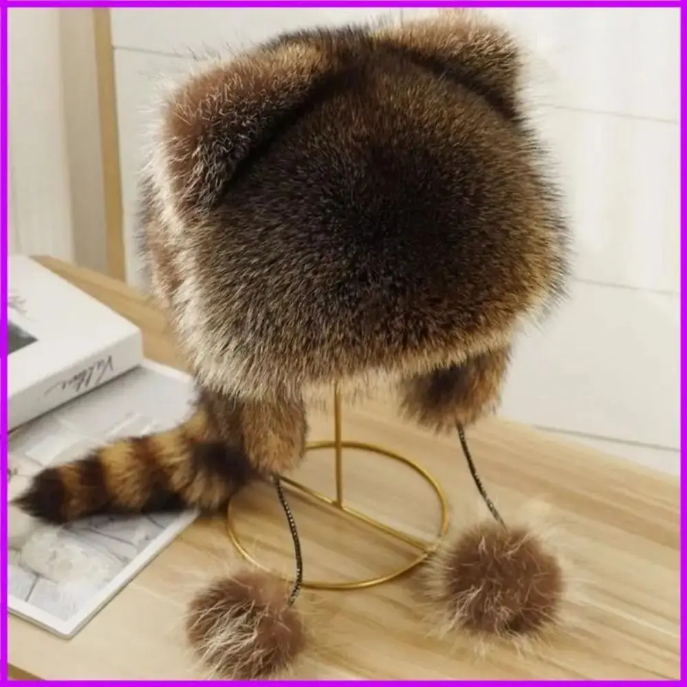 Cute Parent Child Raccoon Tail Hat Thick Warm Ears Coldproof Helmet Liner Fashion Design Thickening Material Hat Cycling Sports