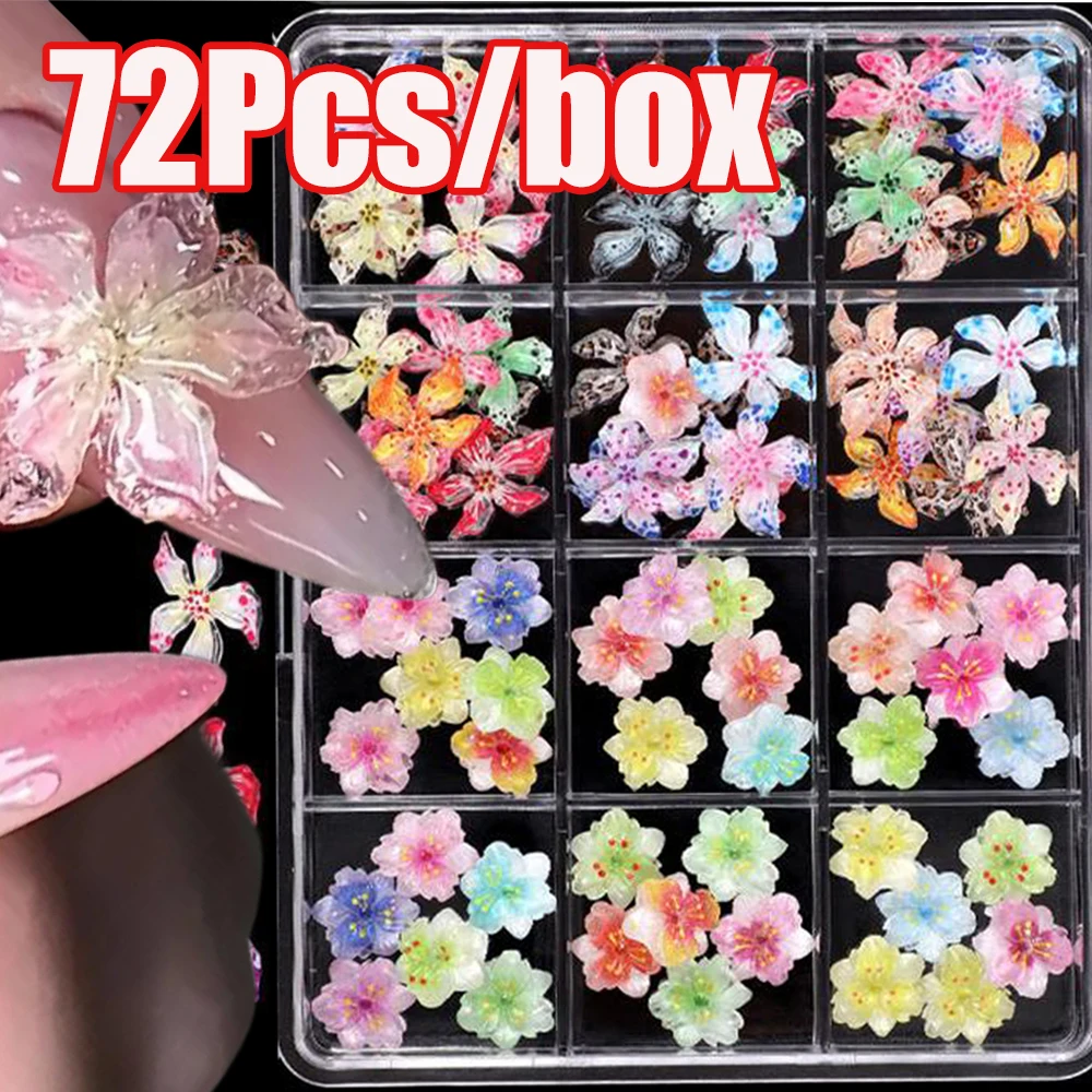 

72Pcs(12grids/box)Mixed 3D Soft Carved lce Crystal Flower Nail Charm Colorful Gradient Resin Lily Flower Nail Art DIY Nail Parts