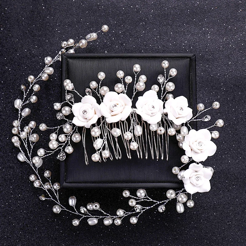 Trendy wedding flower hair accessories Handmade silver pearl hair comb tiara rhinestone bride headdress bridal hair ornaments image 3