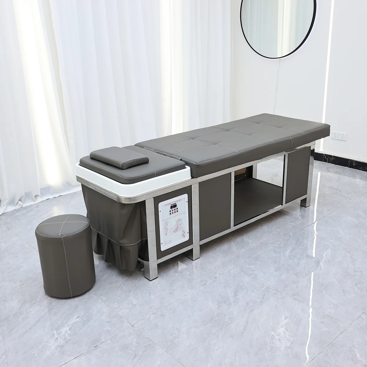 Stainless Steel Head Shampoo Bed for Barbershops, Hair Salons and Beauty Salons with Water Circulation and Fumigation Function