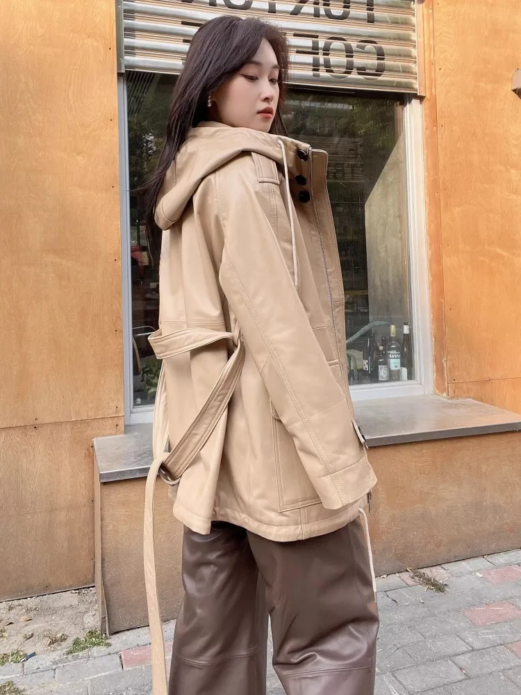 Herbst Winter Frauen Echtes Leder Jacke Oversize Mit Kapuze Casual Windjacke BF Stil Lose Fit Echt Schaffell Medium Langen Mantel