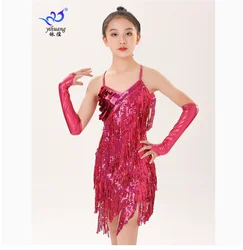 1pcs/lot children sequin latin dress kid sexy halter tassel latin dress girls ballroom dancing dress 4colors