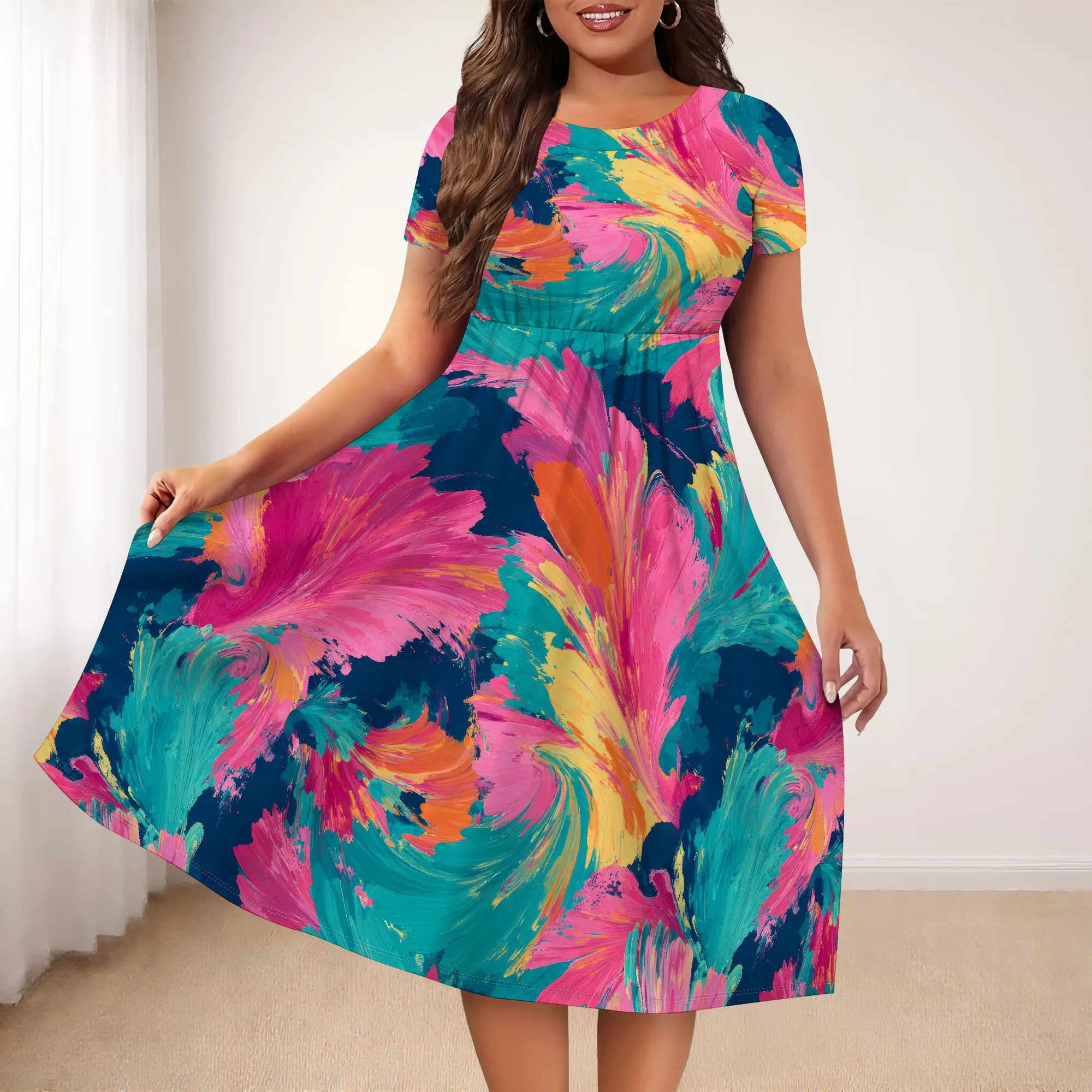 Abiti midi da donna per invitati al matrimonio, estivi, corti, casual, floreali, t-shirt, girocollo, a trapezio, fluidi, da spiaggia