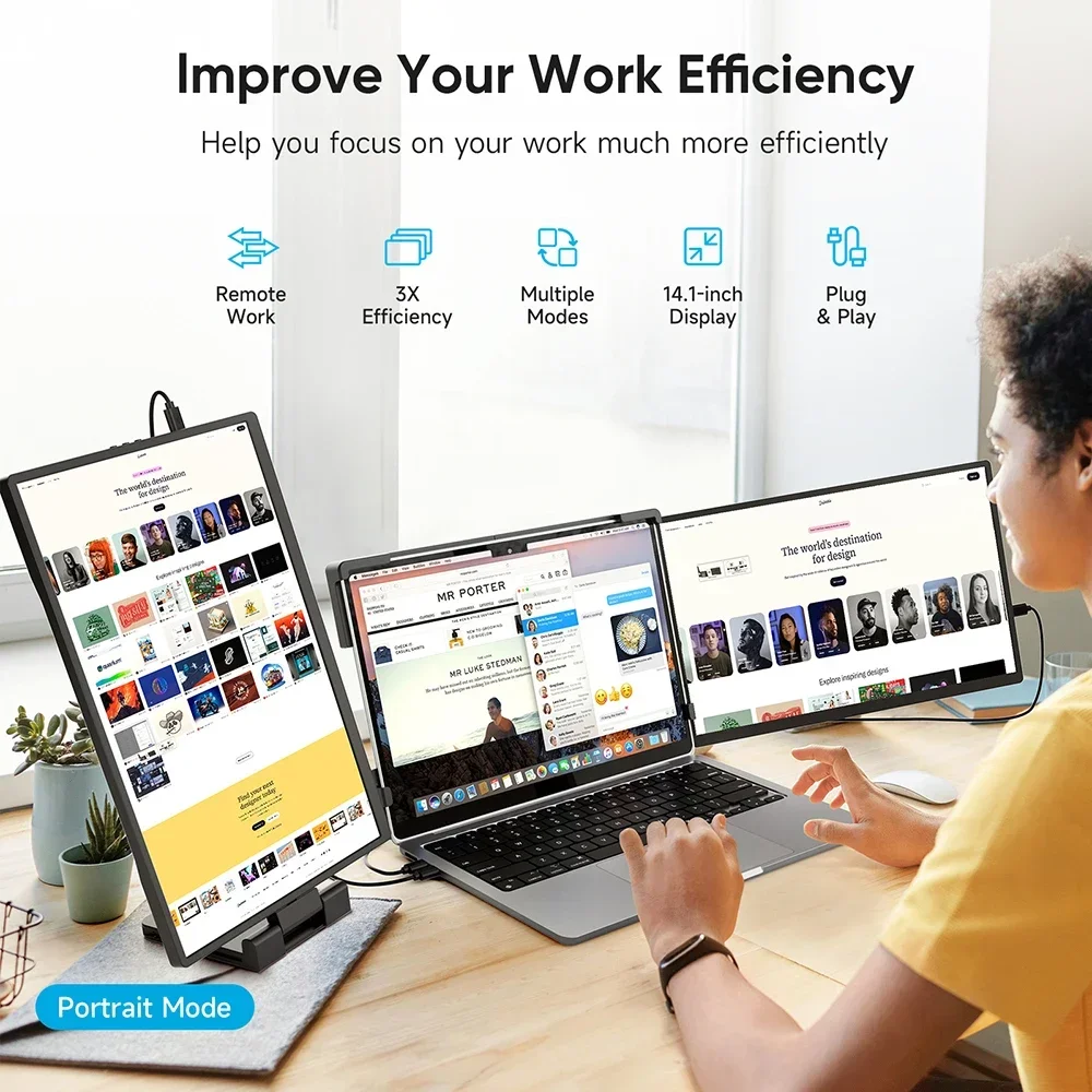 새로운! 도프스플레이 14.1인치 노트북 화면 확장기 트리플 듀얼 FHD 1200P IPS 휴대용 모니터 윈도우 맥 안드로이드 크롬 14-17용