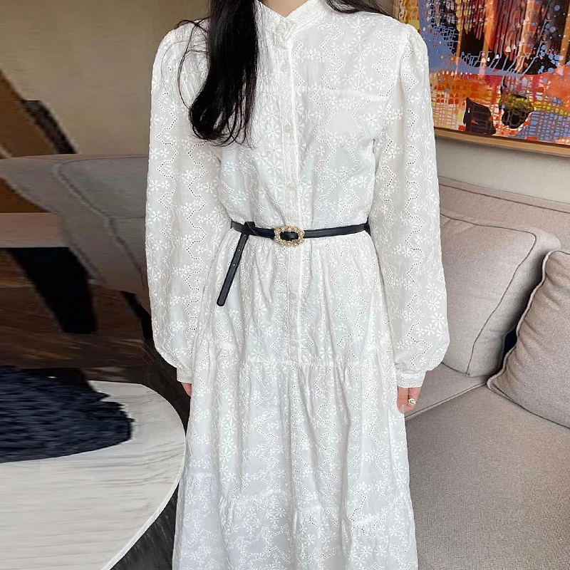 

Embroidery Hollow Out Standing Neck Lace Puff Sleeve Maxi Dress Cotton White Korean Autumn Button Vestido De Mulher with Belt