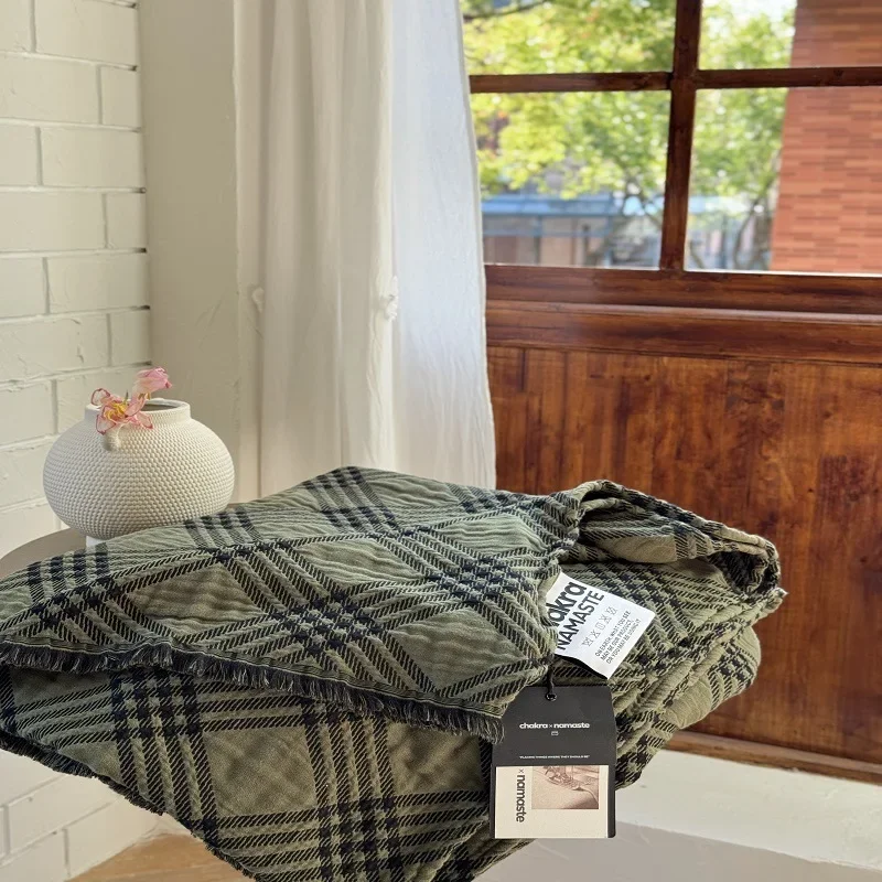 Vintage 100% Cotton Double Gauze Striped Throw Blanket Soft Breathable Summer Lightweight Couch Sofa Bed Cover Blanket