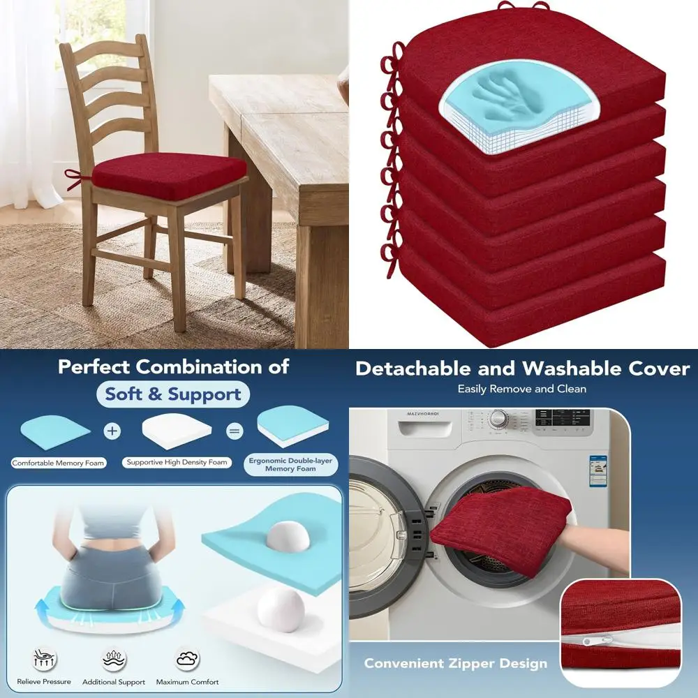 

Set of 6 Non-Slip Washable Dining Chair Cushions with Ties, 16x16x2.5 Memory Foam, Red