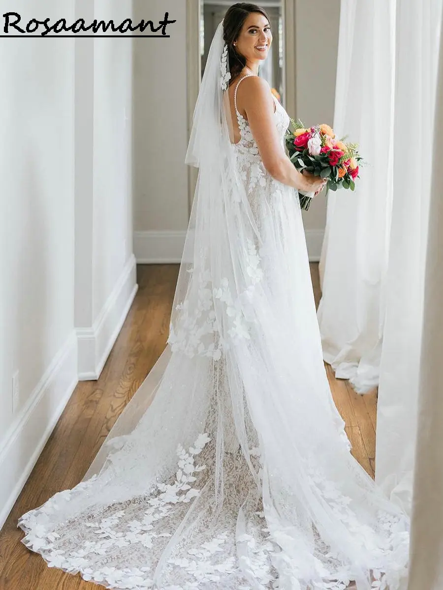 Vestidos De novia bohemios con apliques florales, línea A De encaje, tirantes finos, espalda abierta