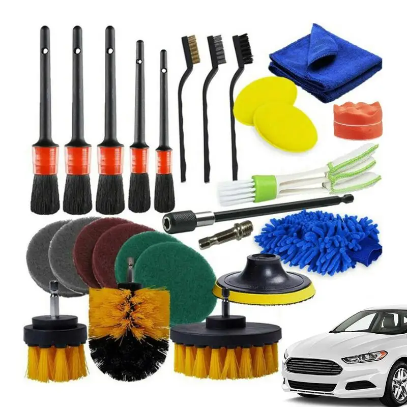 26 PCS Car Detailing Brush Set Car Cleaning Kit For Wheels Engine  5 Sizes Automotive Interior Dashboard Air Outlet Clean Brush