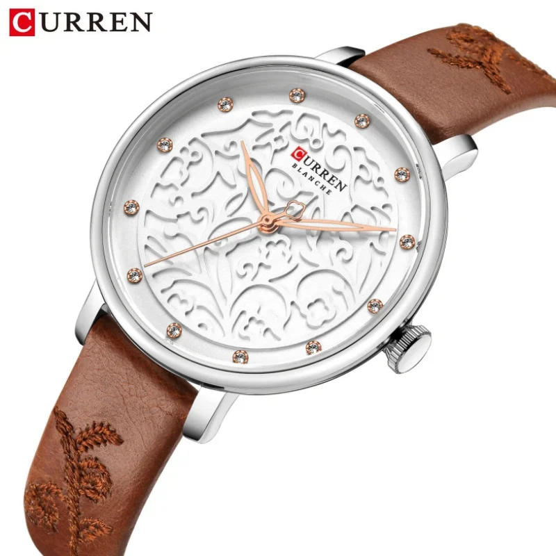 CURREN 9046 Fashion Casual Quartz Women's Watches Waterproof Genuine Leather Embroidered Strap Simple Elegant Ladies Wristwatch