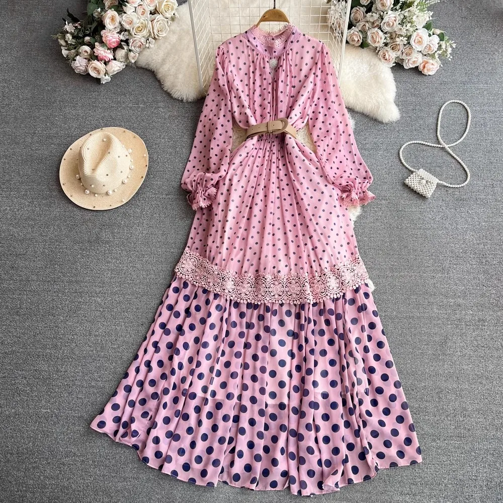 

New 2023 Autumn Dot Print Long Dress Runway Women's Stand Collar Pink Wave Point Chiffon Patchwork Lace Maxi Vestidos With Belt