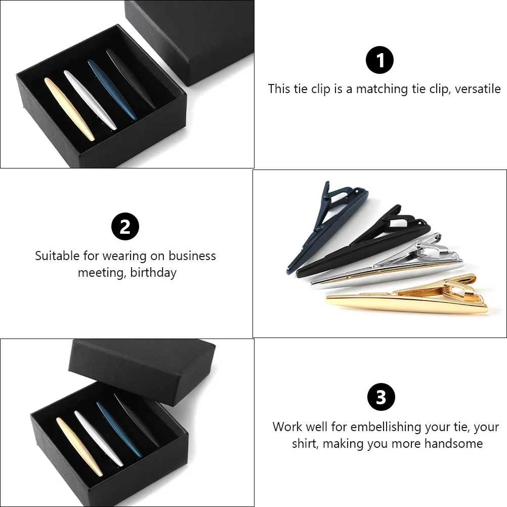 

4pcs Tie Clip Set Business Clip For Men Copper Necktie Clasp Pin Holder Gift Box For Work Wedding Party Dance