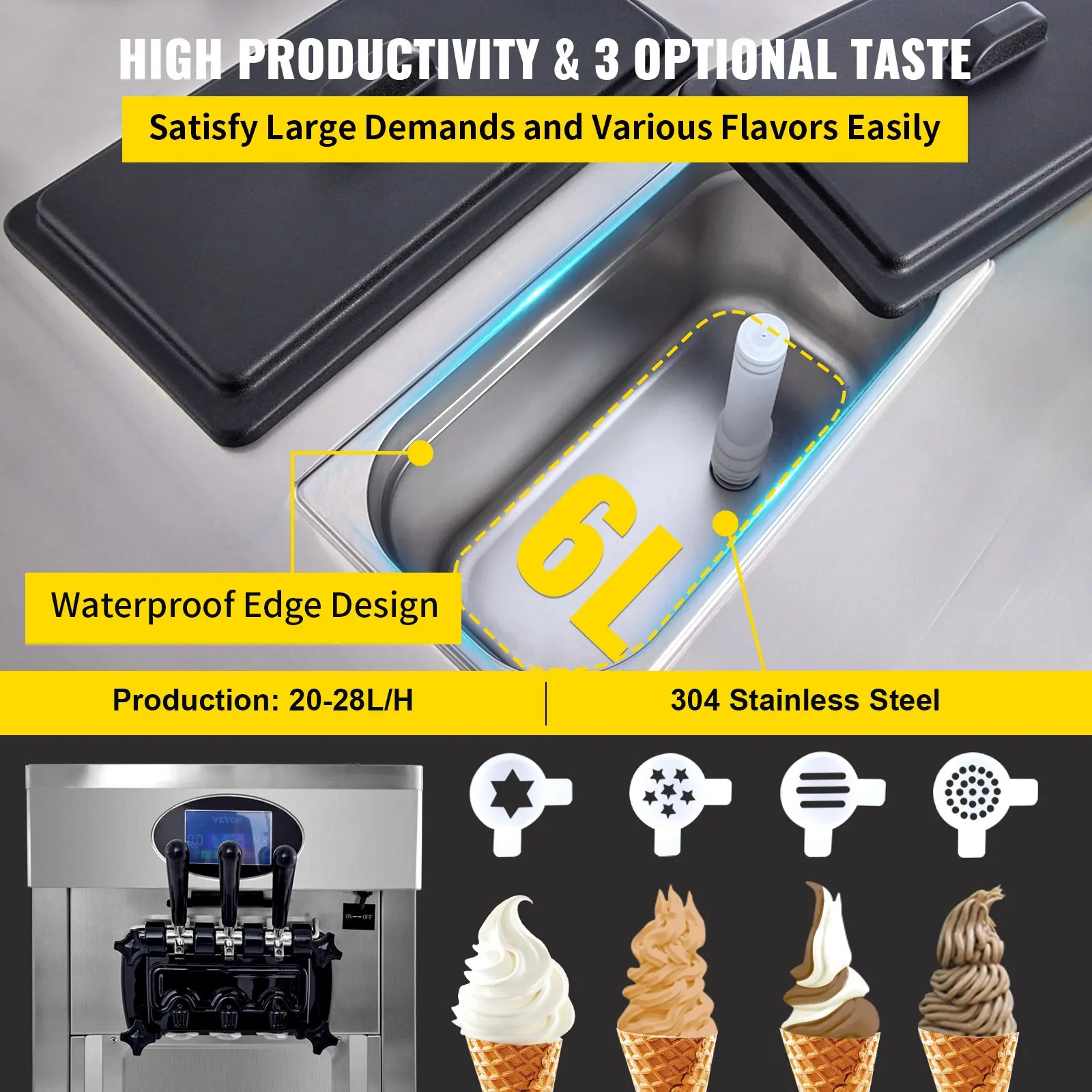 VEVOR Soft Ice Cream Machine Commercial YKF-8228T With 2+1 Flavors Vertical Ice Cream Maker 2200W Ice Cream Bar Machine