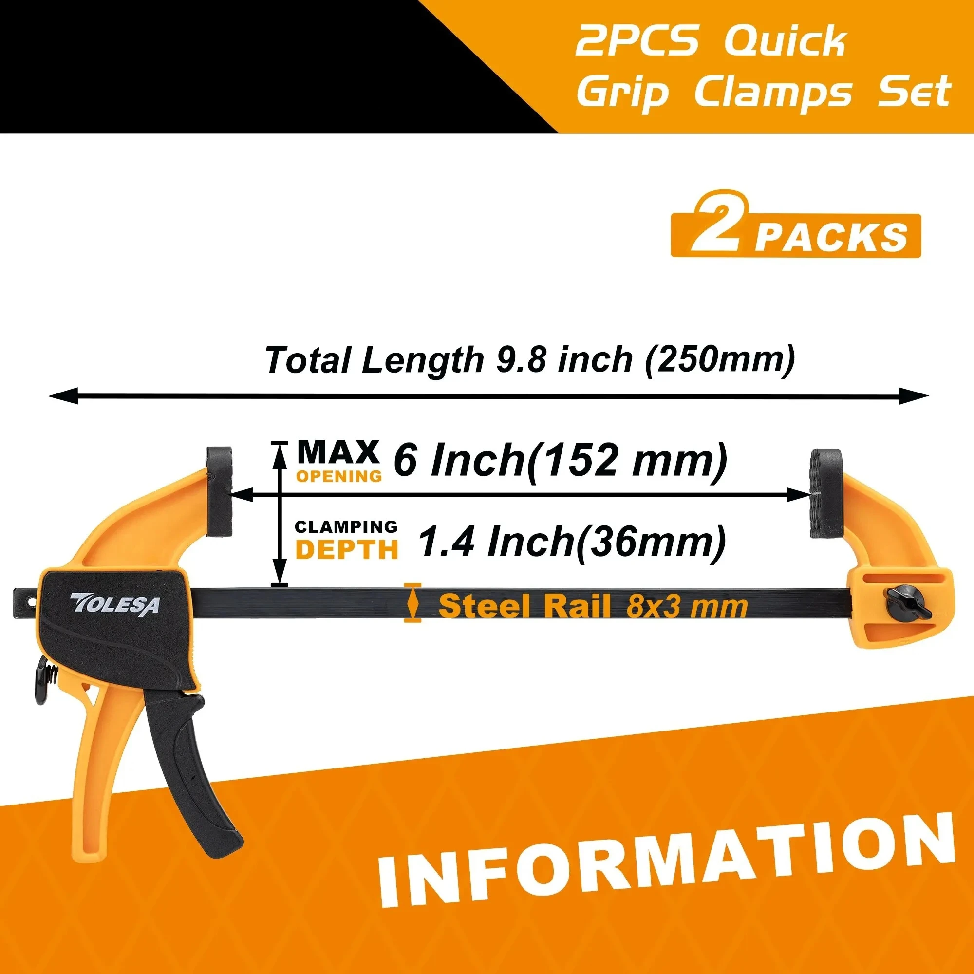 TOLESA Morsetti a barra da 4/6 per la lavorazione del legno, 2 morsetti/espalmatori con una sola mano, set di morsetti per legno, morsetto F a cambio rapido per carichi leggeri