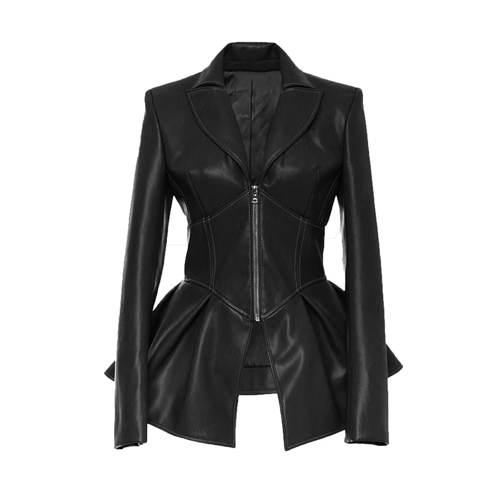 

Autumn Winter New Women Faux Leather Biker Jacket Solid Zip Up Lapel Slim Fit Long Sleeves Fashion Female Pu Leather Outerwear