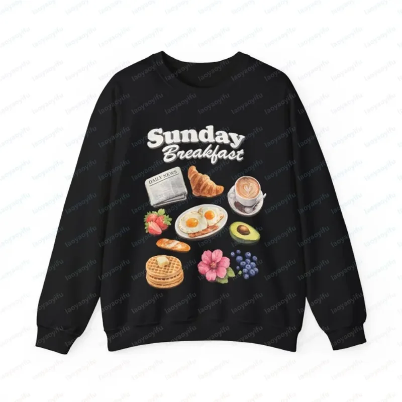 Sunday Breakfast Sweatshirt Cozy Brunch Sweater Coffee Croissant Eggs Waffles Shirt Vintage Food Pullover Breakfast Lover Gift