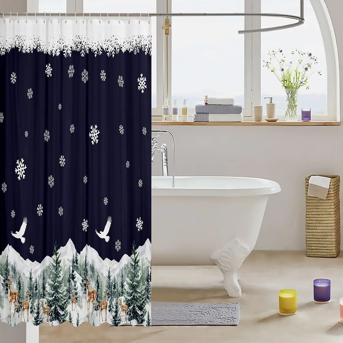 عيد ميلاد سعيد دش الستائر ندفة الثلج ستارة الحمام للأطفال النساء الرجال لطيف الغزلان اكسسوارات الحمام الأزرق مقاوم للماء