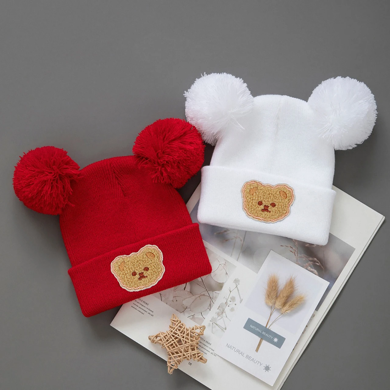 Double Pompom Beanies Winter Warm Toddler Woolen Crochet Bonnet Plush Ball Kids Knit Hat Cute Bear Baby Ear Protection Cap 0-2Y view 6