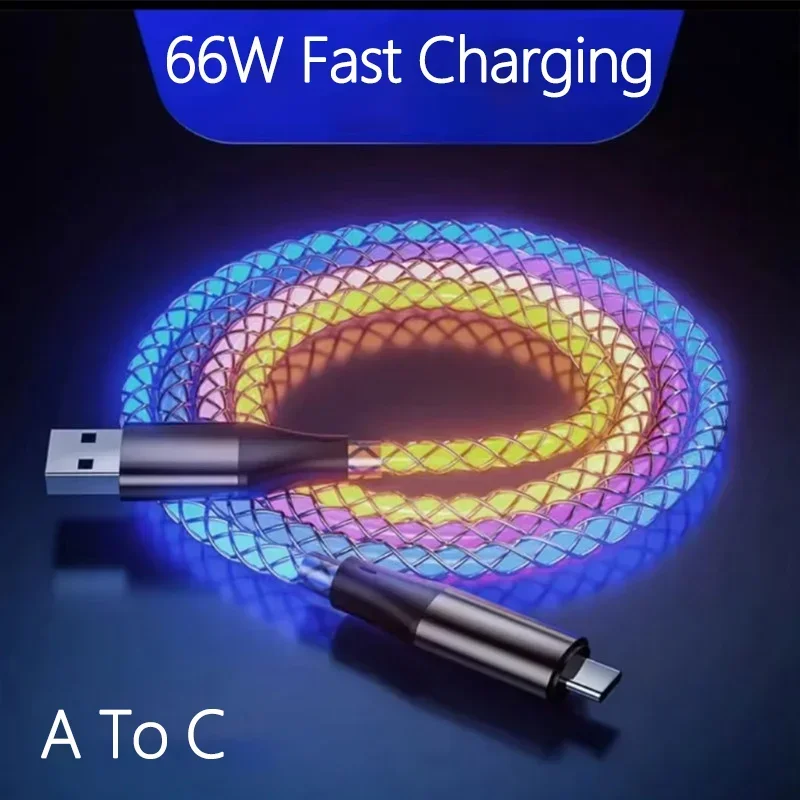 66W RGB Schnellladekabel, USB-C-auf-USB-C-Ladekabel mit LED-Beleuchtung, USB-A-auf-C-Datensynchronisationskabel für iPhone 17 16 Xiaomi Samsung
