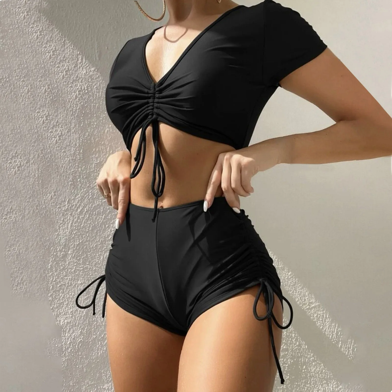 Women'S High Waisted Bikini Set Short Sleeve Knot V Neck Swimsuit Two Pieces Lace Up Pleated Solid Bathing Suit Women'S Swimsuit