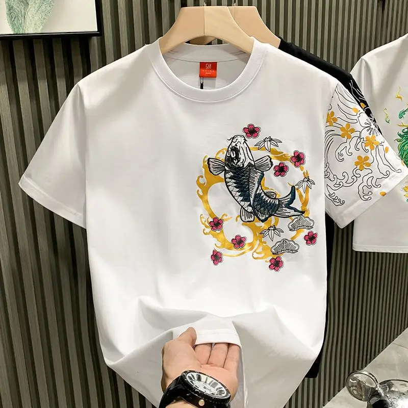 Chinese Style Trend Fashion Thin Summer T-Shirts Men O-Neck Carp Embroidered Short Sleeve Loose Pullovers Bottoming Shirt Tops