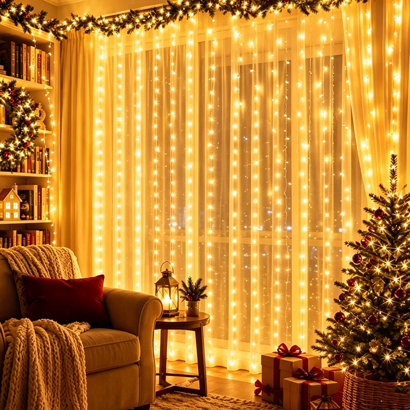 Christmas LED Curtain Light USB Powered Remote Control Fairy String Light 8 Lighting Mode for Window Bedroom Party Holiday Decor